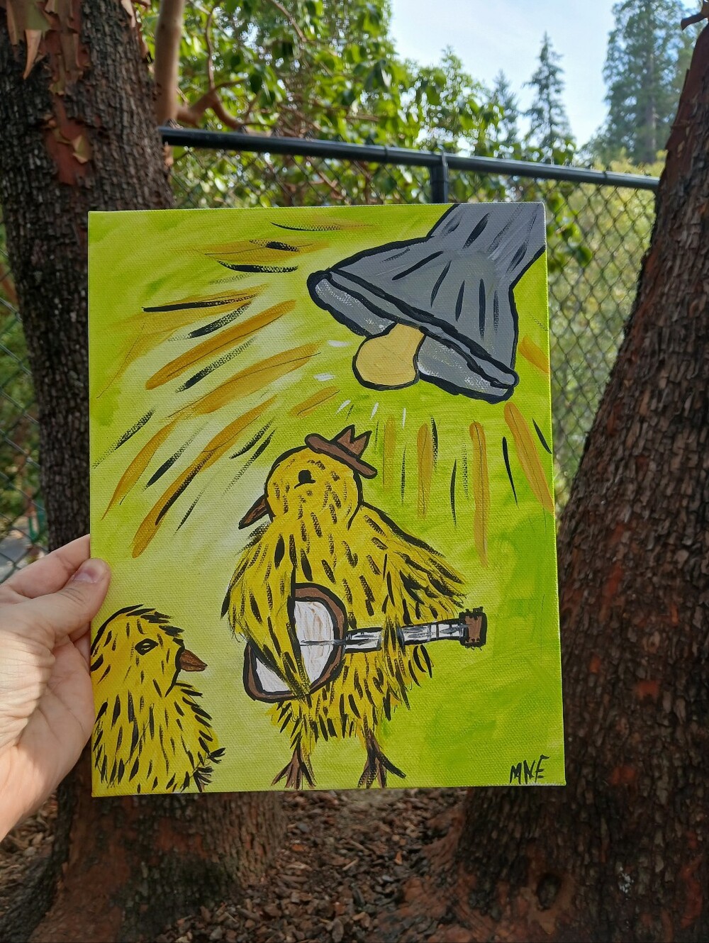 Chick Playing Banjo Painting Folk Art